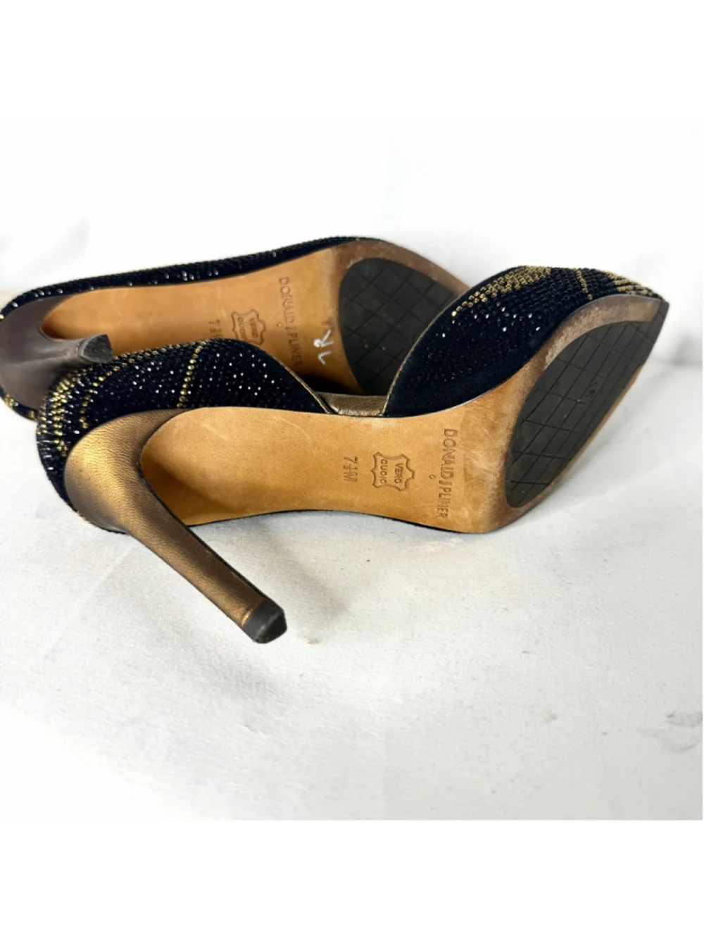Donald J Pliner Black & Gold Rhinestone Pointed Toe Stiletto Heels Size 7.5